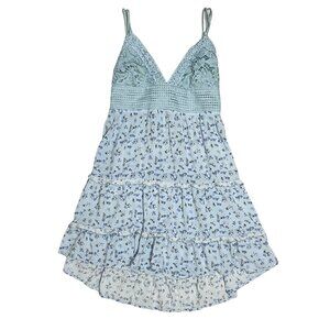 Birch and Stone Women's Floral Blue Mini Dress Size L Cottagecore Romantic Boho